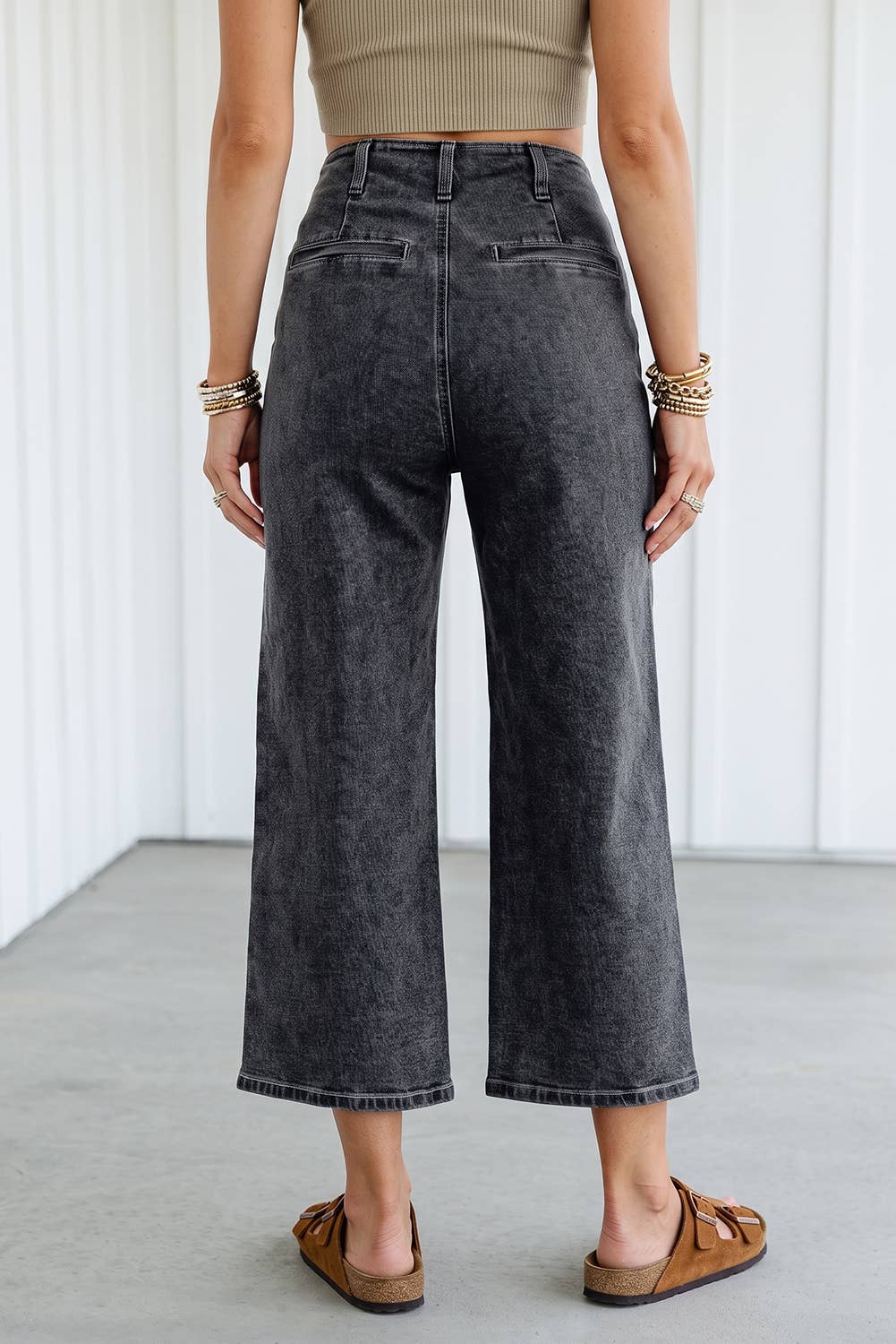 High Waist Button Front Wide Leg Cropped Jeans