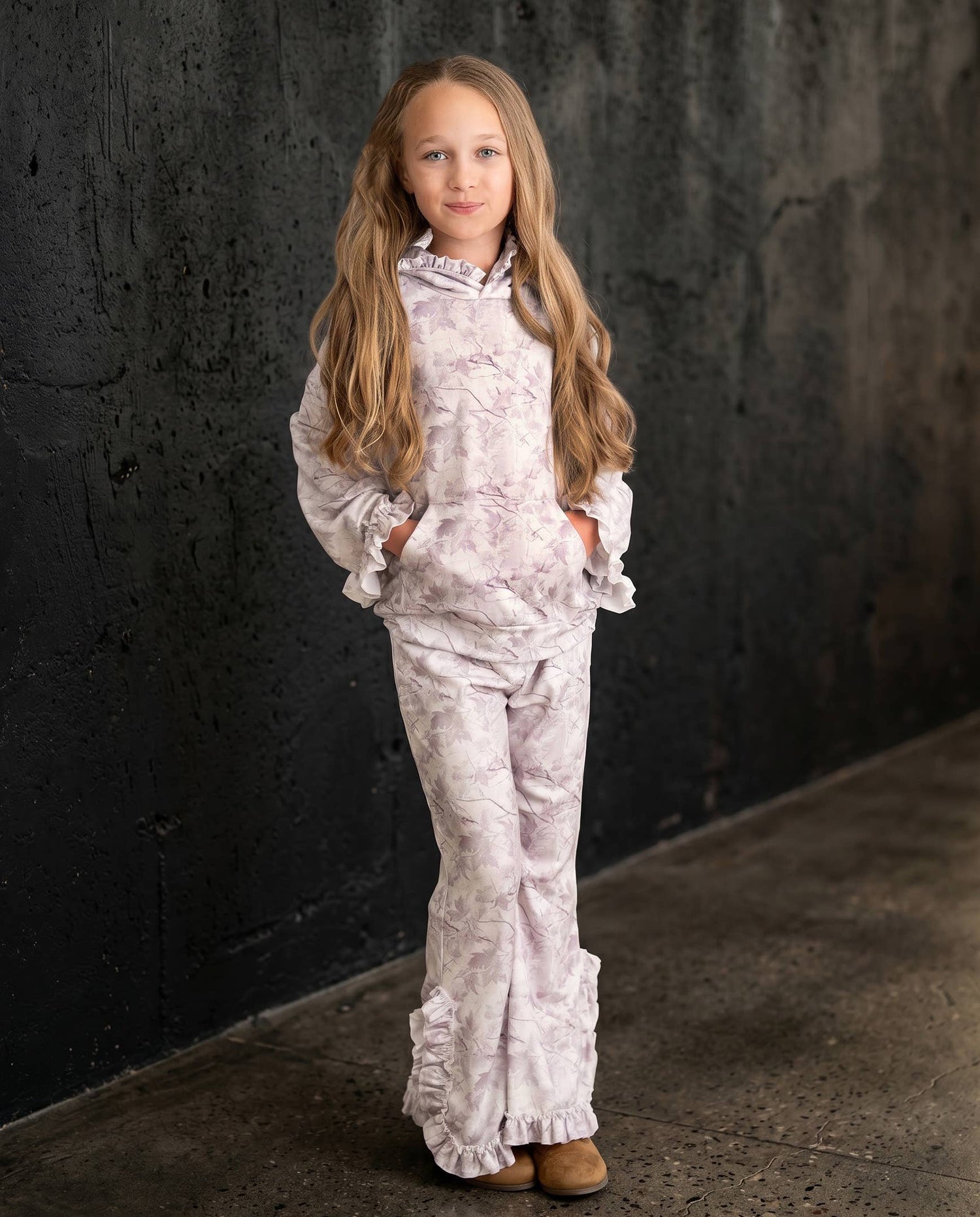 Kids Light Gray Camo Hooded Ruffle Pocket Set