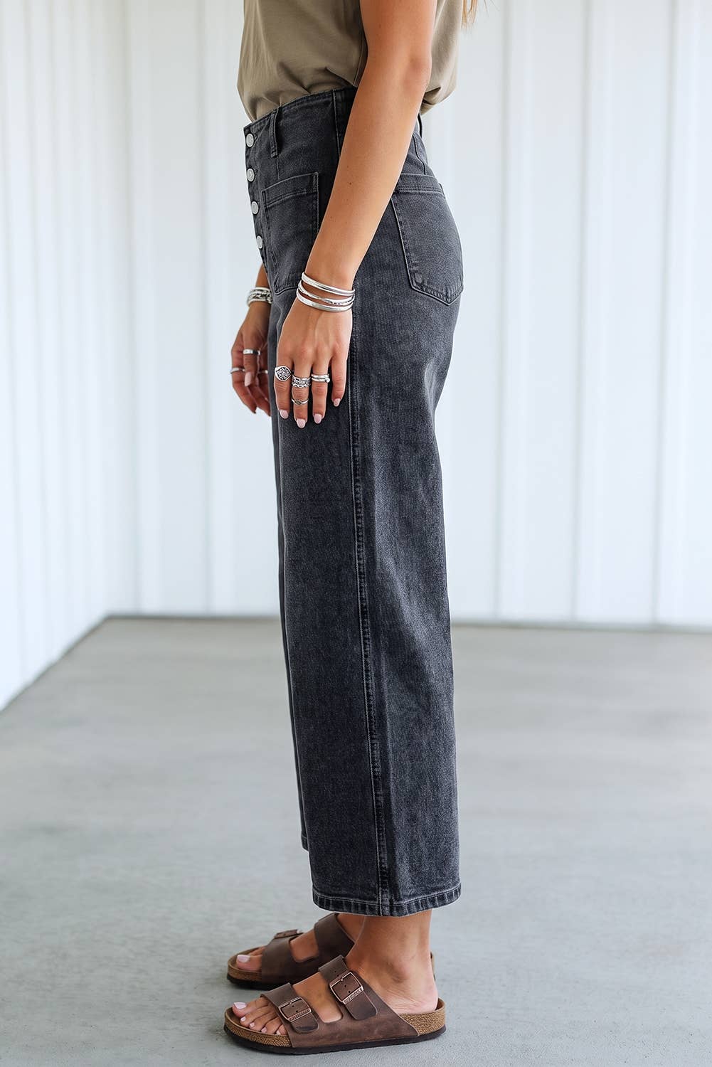 High Waist Button Front Wide Leg Cropped Jeans