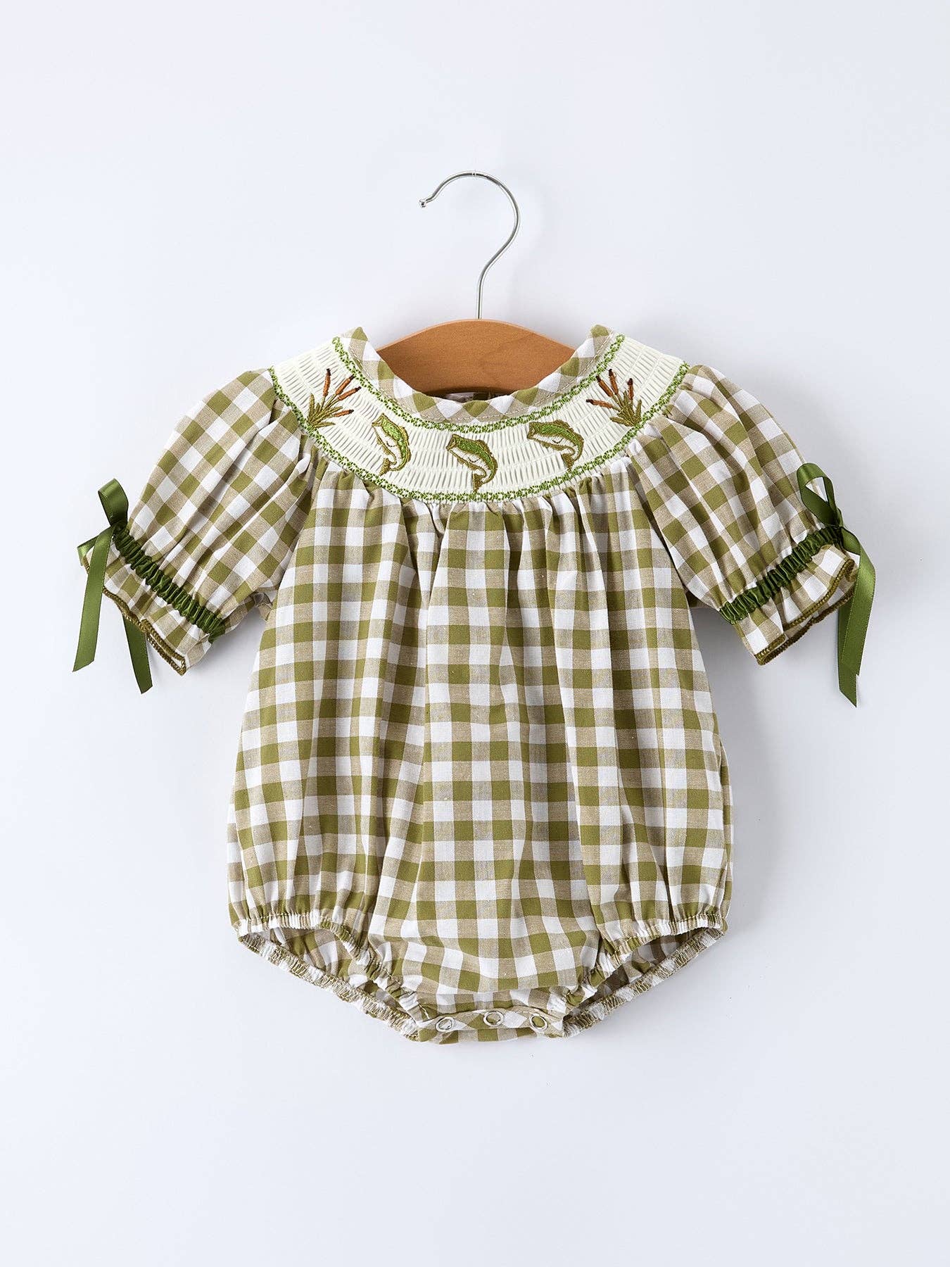 Green Plaid Fish Smocked Romper