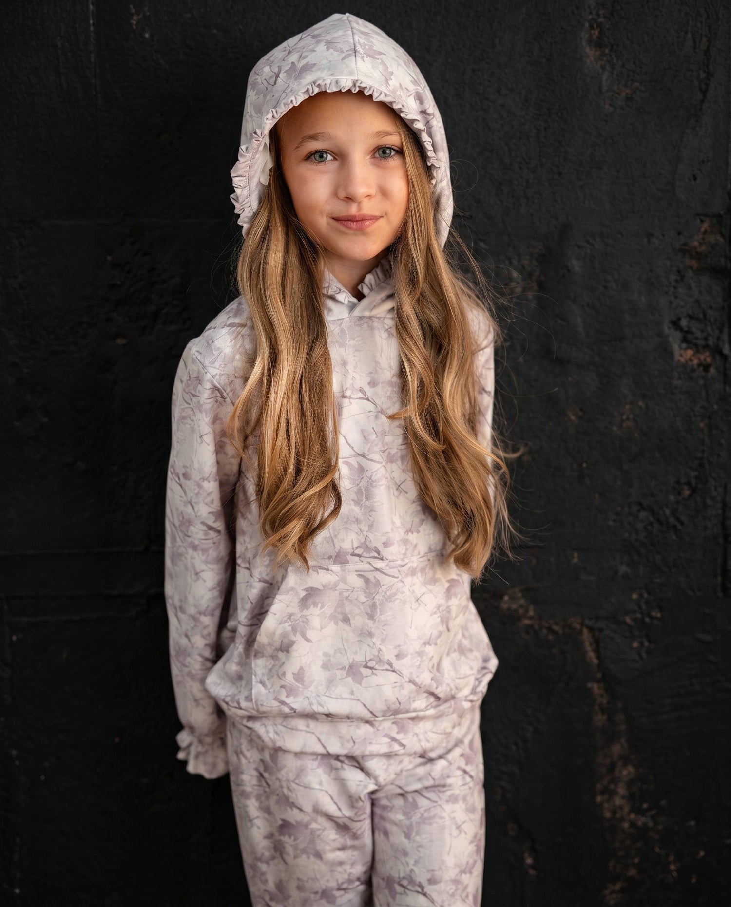 Kids Light Gray Camo Hooded Ruffle Pocket Set
