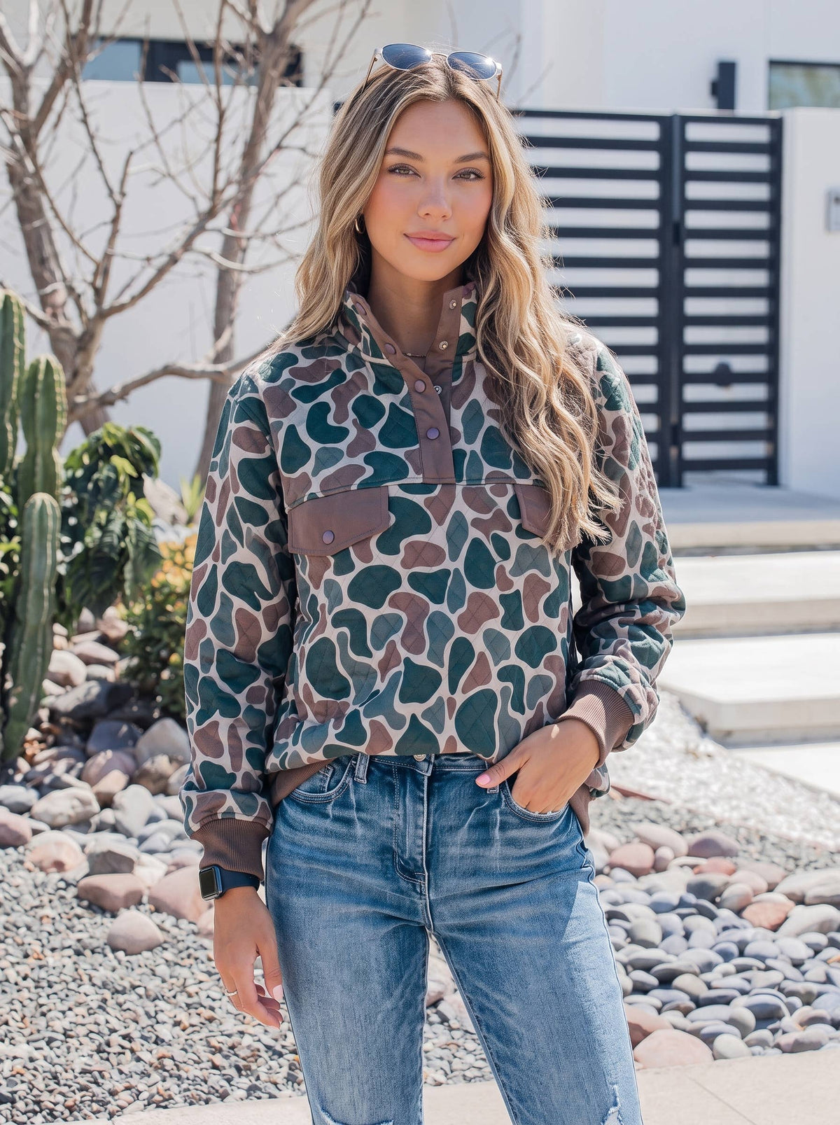Camo Quilted Snap-Button Pullover