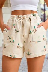 Mallard Duck Print Drawstring Relaxed Fit Shorts