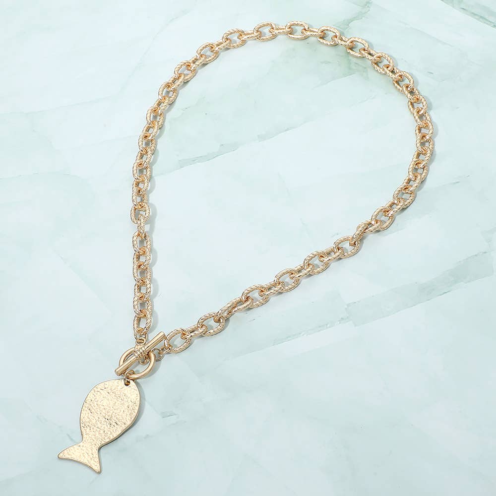 Brushed Metal Fish Charm Toggle Necklace