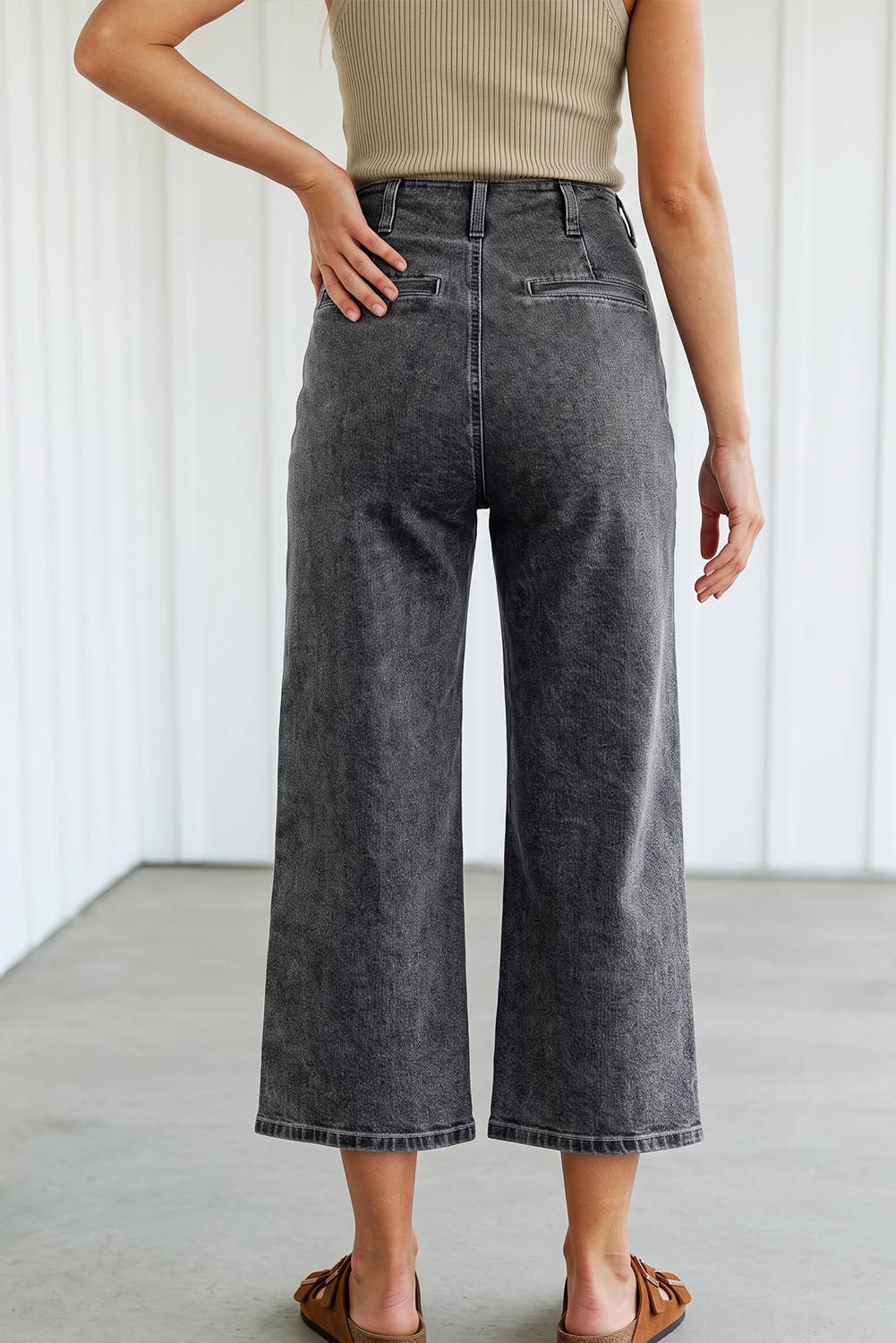High Waist Button Front Wide Leg Cropped Jeans