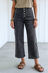 High Waist Button Front Wide Leg Cropped Jeans