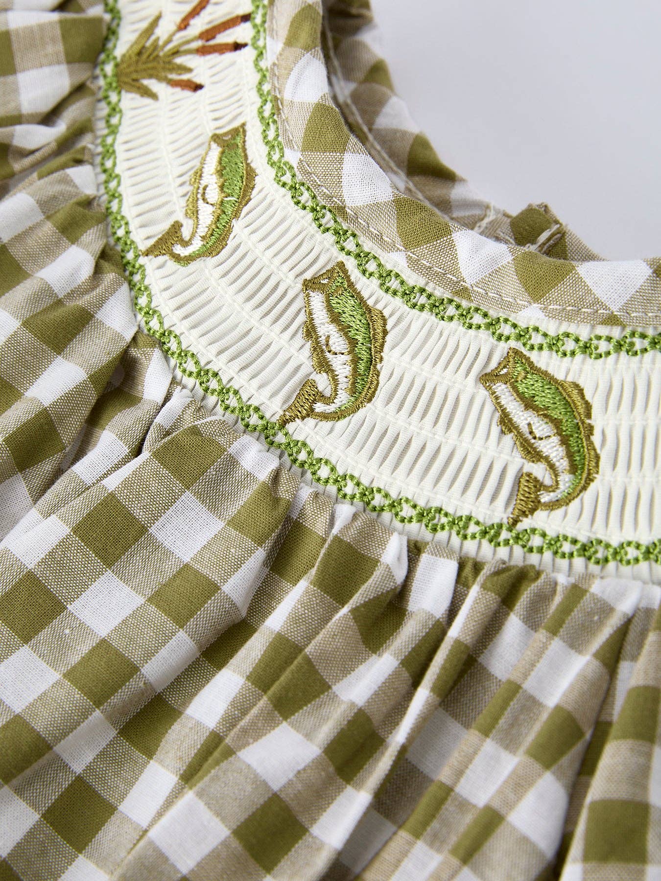 Green Plaid Fish Smocked Romper
