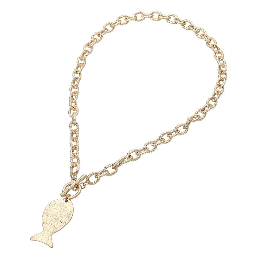 Brushed Metal Fish Charm Toggle Necklace