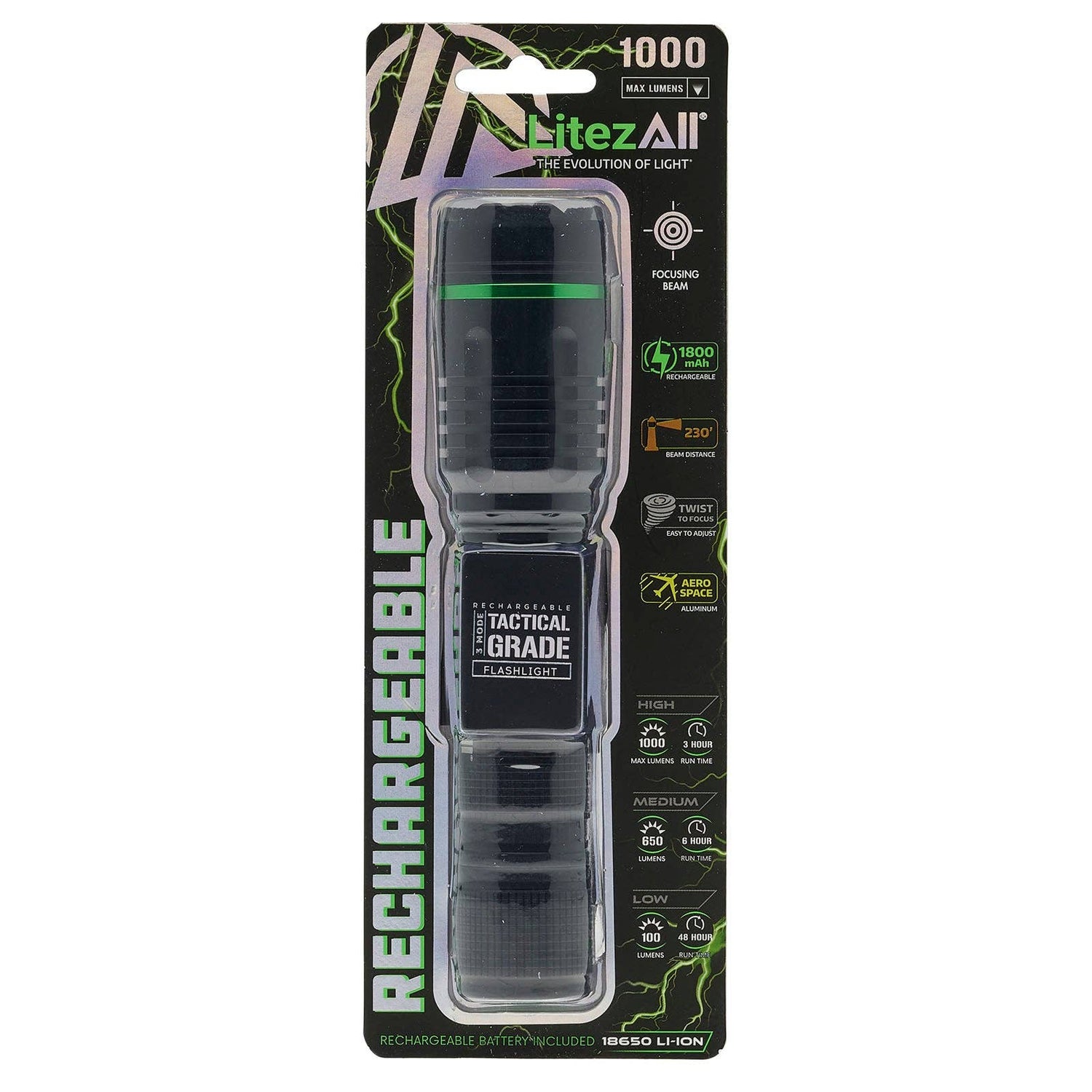 LitezAll Thin Rechargeable 1000 Lumen Tactical Flashlight