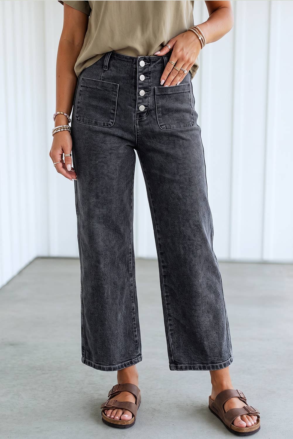 High Waist Button Front Wide Leg Cropped Jeans
