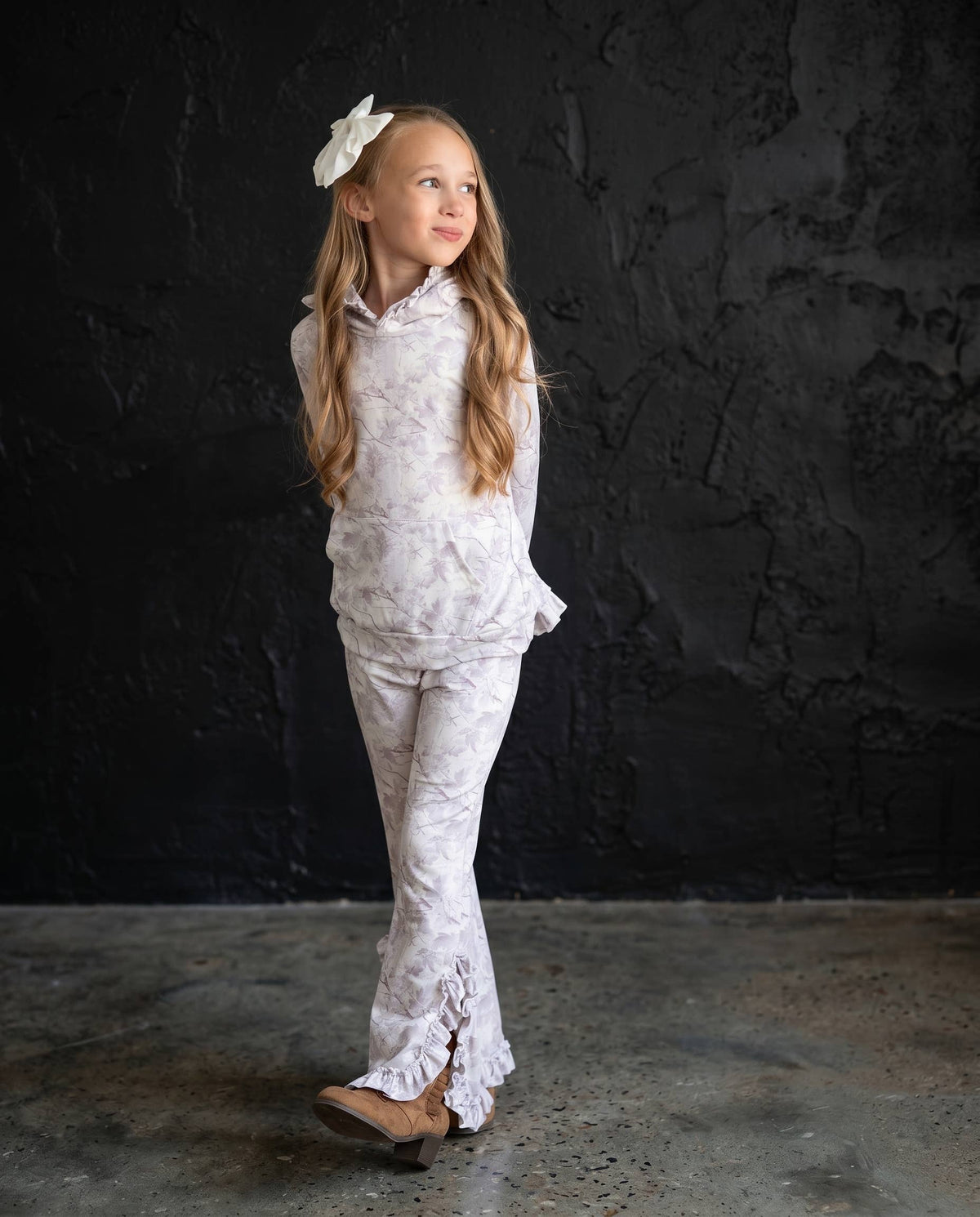 Kids Light Gray Camo Hooded Ruffle Pocket  Set