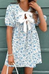 Blue Floral Bow Puff Sleeve Mini Dress