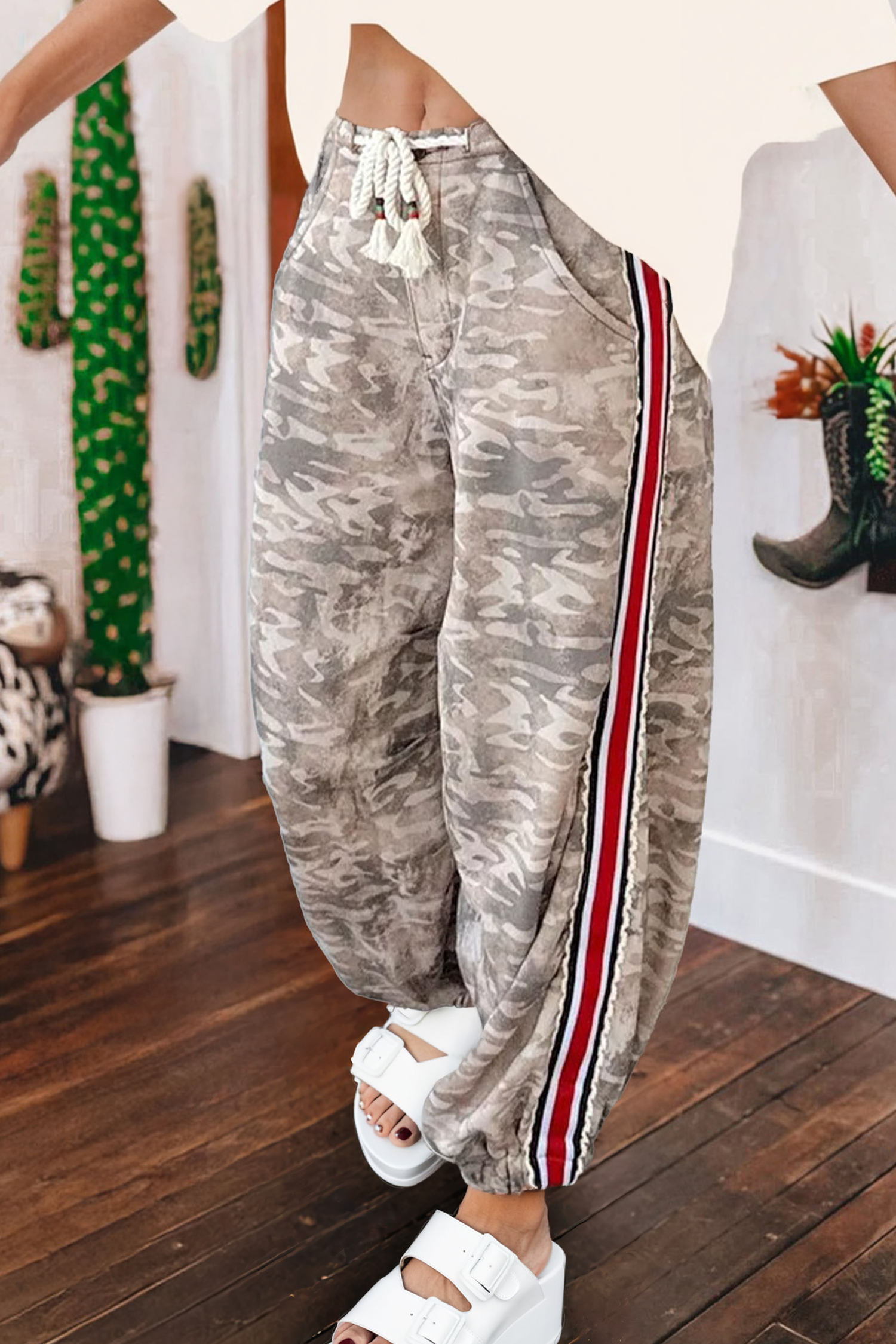Camouflage Print Striped Side Panel Patched Drawstring Pants