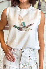 White Mallard Duck Printed Sweater Vest