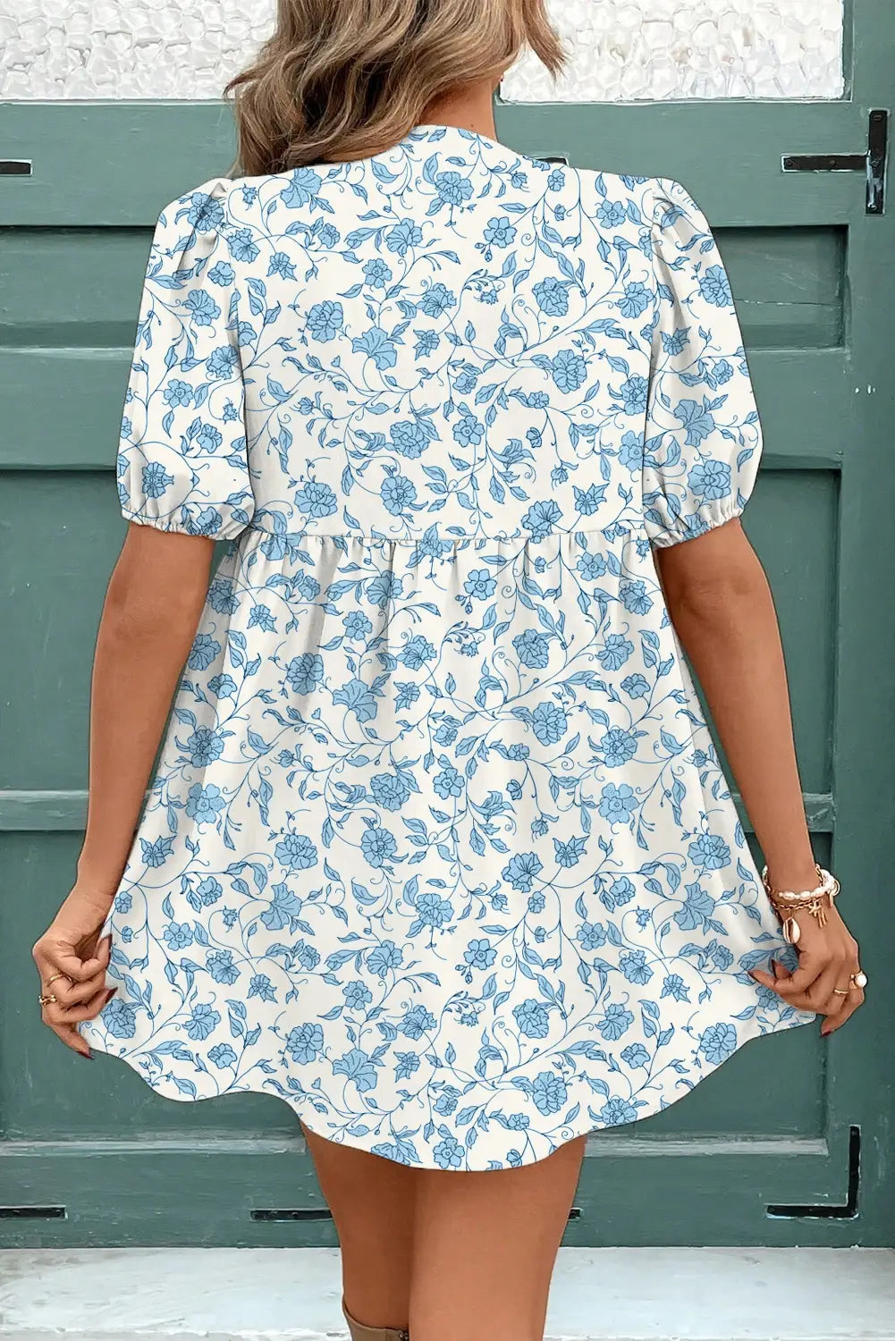 Blue Floral Bow Puff Sleeve Mini Dress