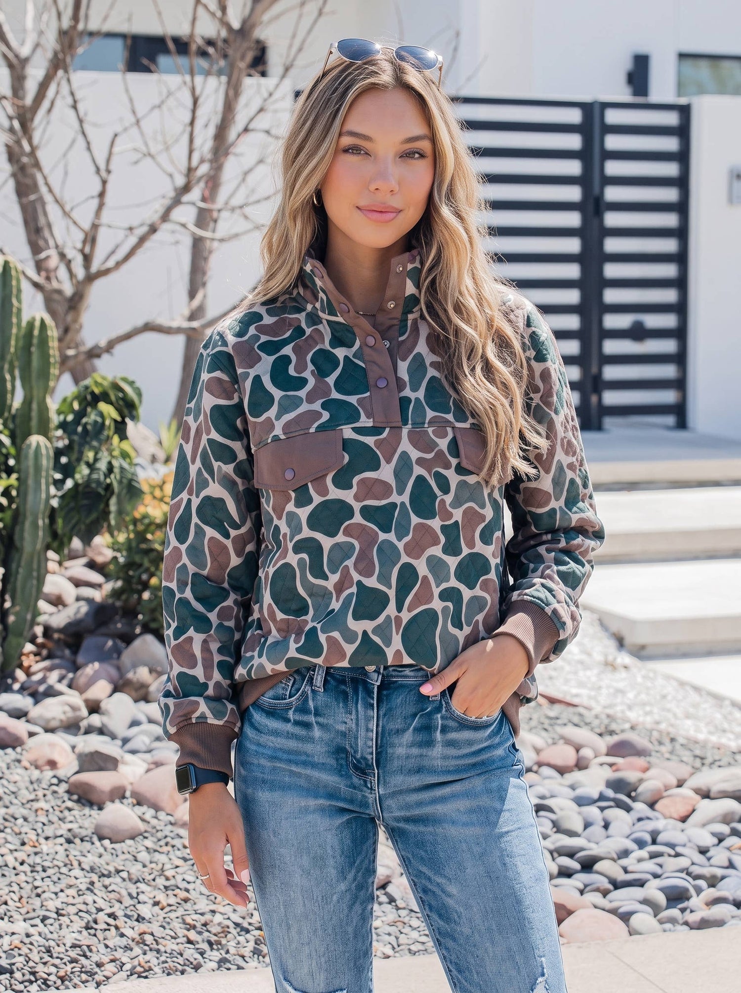 Camo Quilted Snap-Button Pullover